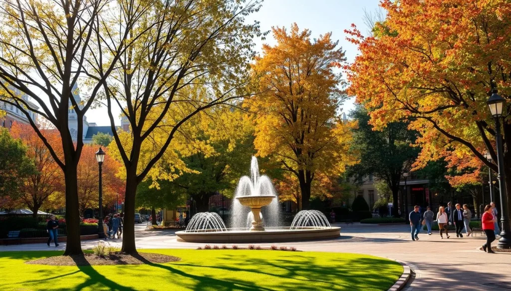 A vibrant autumn day in Bethesda, Maryland, with a lush green park in the foreground, colorful foliage lining the streets, and the iconic Bethesda Fountain as the centerpiece. Warm sunlight filters through the trees, casting a golden glow over the scene. Pedestrians stroll along the sidewalks, enjoying the mild weather and the bustling atmosphere of this charming town. In the background, the distinctive architecture of Bethesda's downtown area provides a picturesque backdrop, hinting at the diverse array of shops, restaurants, and cultural attractions that await visitors.