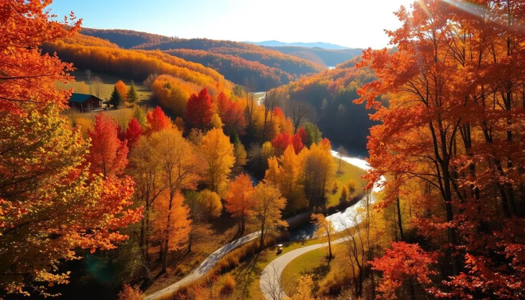 A vibrant autumn landscape in Greenville, Kentucky, with lush, colorful foliage cascading across the rolling hills. Sunlight filters through the canopy, casting a warm, golden glow on the scene. In the foreground, a winding path leads through a forest of maple, oak, and birch trees, their leaves ablaze with shades of red, orange, and yellow. In the middle ground, a quaint country cabin nestles among the trees, its wooden structure contrasting with the vivid hues surrounding it. In the distance, a meandering creek reflects the autumnal splendor, its banks dotted with fallen leaves. The overall atmosphere is one of tranquility and natural beauty, perfectly capturing the essence of a quintessential fall day in Greenville.