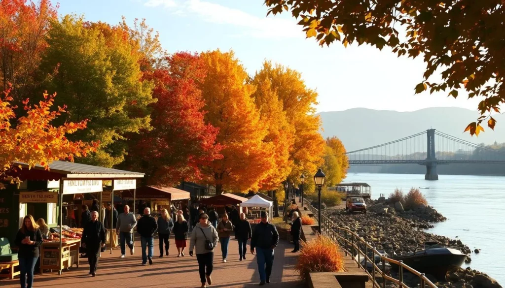 A vibrant autumn scene in Beacon, New York, with colorful foliage lining the banks of the tranquil Hudson River. In the foreground, people stroll along a scenic riverfront path, taking in the crisp, fresh air and the stunning mountain vistas in the distance. Merchants and artisans have set up charming seasonal market stalls, offering an array of local crafts, seasonal produce, and warm comfort foods. The soft, golden afternoon light filters through the trees, casting a warm glow over the entire scene and creating a cozy, inviting atmosphere. In the background, the iconic Beacon Bridge spans the river, a testament to the town's rich history and picturesque setting.