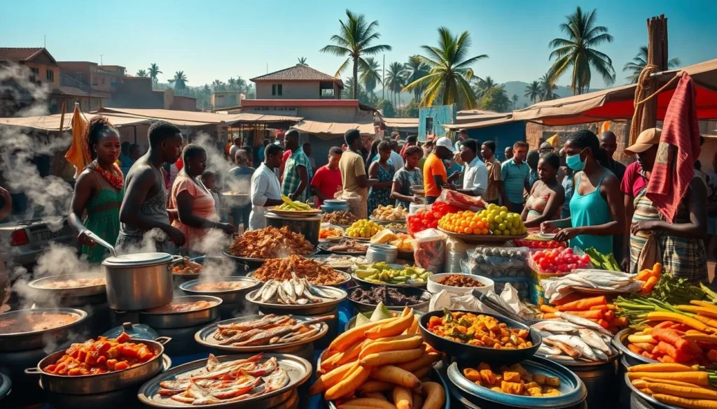 A vibrant, bustling Congolese outdoor market, brimming with an array of colorful, freshly prepared local delicacies. In the foreground, vendors enthusiastically display their wares - steaming pots of fragrant stews, platters of grilled fish and meat, heaps of vibrant tropical fruits and vegetables. The middle ground is a lively scene of local people browsing the stalls, chatting and negotiating. In the background, a hazy blue sky frames the market, with the silhouettes of distant buildings and palm trees creating a sense of place. Warm, natural lighting casts a golden glow over the entire scene, evoking the welcoming, communal atmosphere of a Congolese culinary experience.