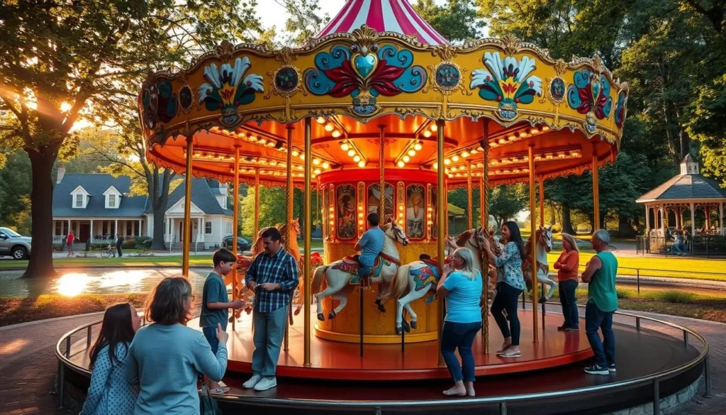 A vibrant carousel stands proudly in the center of Glen Echo Park, its colorful horses and intricate design capturing the essence of this historic Maryland destination. Warm sunlight filters through the trees, casting a golden glow over the scene. In the background, the park's charming architecture and lush greenery create a welcoming atmosphere. The carousel's reflection shimmers on the nearby pond, adding to the serene and picturesque setting. Families and friends gather to enjoy the nostalgic ride, their laughter and delight echoing through the air. This captivating image perfectly encapsulates the charm and appeal of Glen Echo Park, a beloved day trip destination from Washington, DC.
