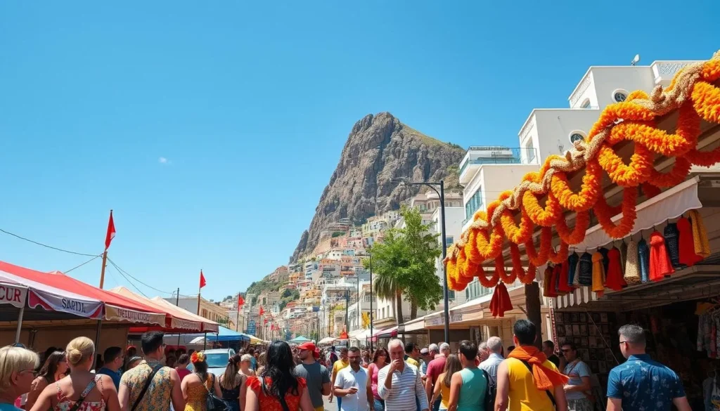 A vibrant celebration in the heart of Gibraltar, the annual festival experience bursts with color and energy. In the foreground, lively crowds sway to the rhythmic beats of traditional music, their colorful costumes and festive garlands creating a captivating visual tapestry. The middle ground showcases the iconic Rock of Gibraltar, its towering presence framed by a clear, azure sky. Vendors line the streets, offering an array of local delicacies and handcrafted souvenirs. Warm sunlight bathes the scene, accentuating the joyous atmosphere and the sense of community. Capture the essence of this vibrant, sun-drenched celebration in Gibraltar.