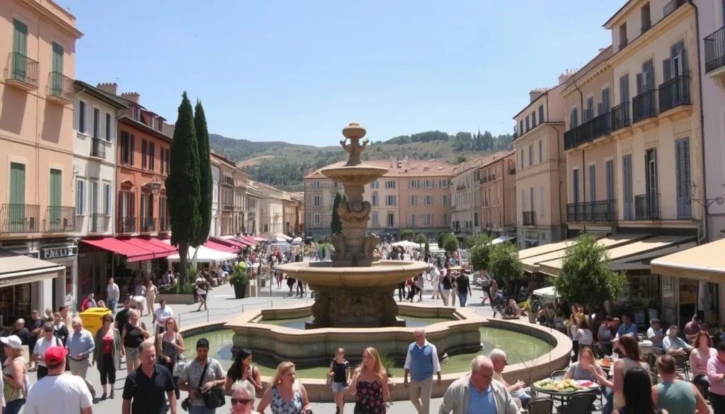 A vibrant city center of Aix-en-Provence, France, on a sunny day. Capture the bustling market square surrounded by quaint, pastel-colored buildings with wrought-iron balconies. Focus on the iconic Fontaine de la Rotonde, its ornate stone structure reflecting in the tranquil waters. In the foreground, people leisurely stroll, browsing local produce and artisan crafts. The middle ground showcases the lively cafe culture, patrons sipping coffee and enjoying the Mediterranean ambiance. In the background, gently rolling hills and cypress trees frame the scene, creating a picturesque, quintessentially Provençal setting.