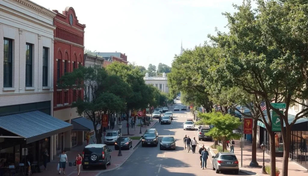 A vibrant cityscape in Gainesville, Florida, where the bustling downtown area comes alive. Capture the lively atmosphere of tree-lined streets, historic buildings, and bustling sidewalks. Depict a warm, sunny day with soft, diffused lighting illuminating the scene. Showcase the unique architectural style of the local shops, cafes, and office spaces, creating a charming and inviting ambiance. Include the serene presence of people strolling, dining, and enjoying the vibrant energy of this hidden gem in the heart of Florida.