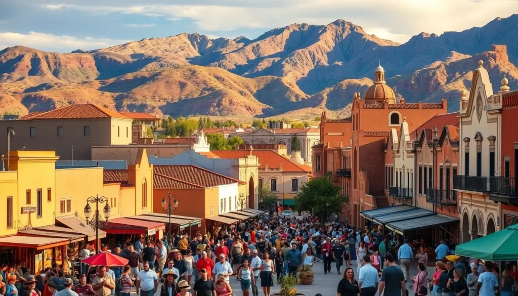 A vibrant cityscape in Pueblo, Colorado, showcasing its rich cultural heritage. In the foreground, a lively plaza bustles with local artisans selling handcrafted wares and street performers captivating crowds. The middle ground features the iconic historic architecture, with adobe buildings, red-tiled roofs, and intricate Spanish colonial-style details. In the background, the rugged Sangre de Cristo Mountains rise majestically, casting warm, golden light across the scene. The atmosphere is one of celebration and community, reflecting Pueblo's deep-rooted traditions and the pride of its people.