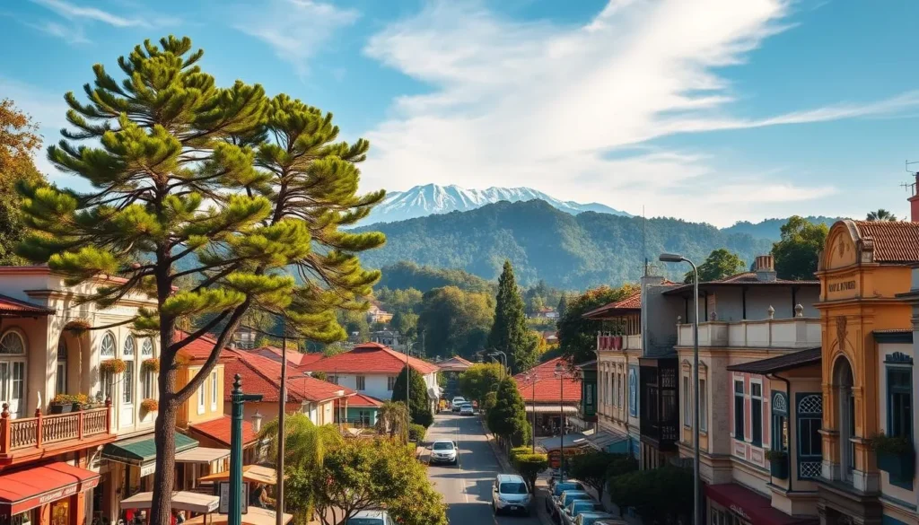 A vibrant cityscape nestled amidst verdant hills, Baguio City presents a captivating blend of colonial architecture and modern charm. Capture the bustling energy of Session Road, where colorful facades and thriving marketplaces create a lively atmosphere. In the middle ground, towering pine trees sway gently, casting dappled shadows on the winding streets below. In the background, the majestic Cordillera mountain range rises, its peaks capped with a dusting of snow, creating a picturesque backdrop. Utilize a wide-angle lens to showcase the city's unique topography, bathed in the warm, golden light of a summer afternoon. Convey a sense of tranquility and adventure, inviting the viewer to explore the "Summer Capital of the Philippines."
