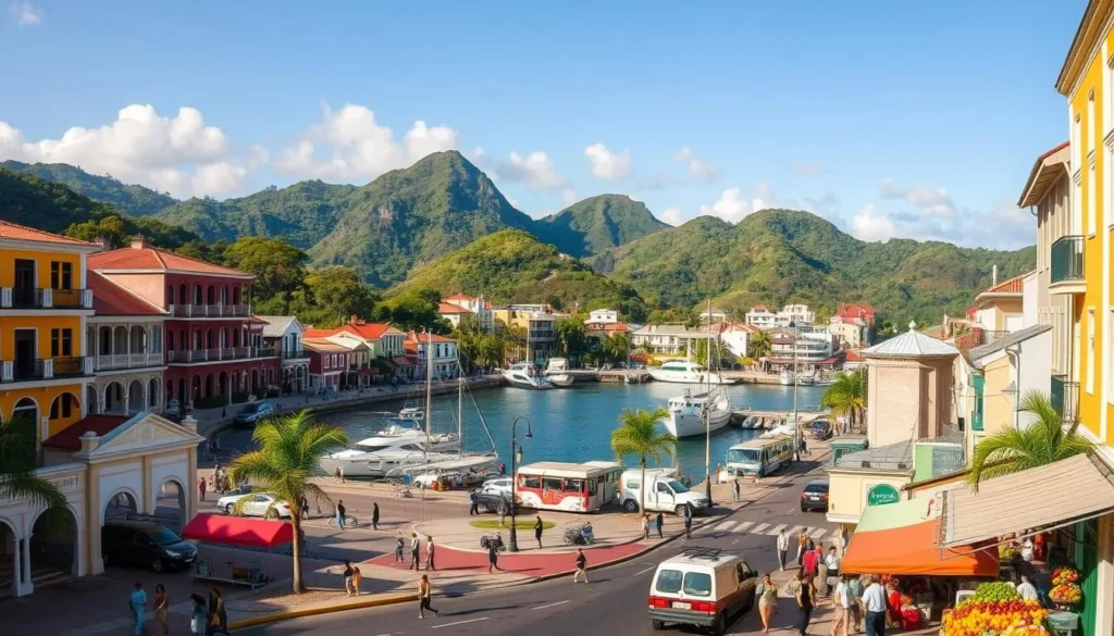 A vibrant cityscape of Castries, the bustling capital of St. Lucia. Capture the picturesque harbor framed by colorful colonial-style buildings, their vibrant facades bathed in warm afternoon sunlight. Depict the busy streets teeming with local life, from pedestrians strolling by to vendors offering fresh produce. In the background, the lush, verdant hills provide a stunning natural backdrop, creating a harmonious blend of urban and tropical elements. Compose the scene with a wide-angle lens to showcase the city's charming, laid-back atmosphere and the breathtaking vistas that make Castries a captivating destination.