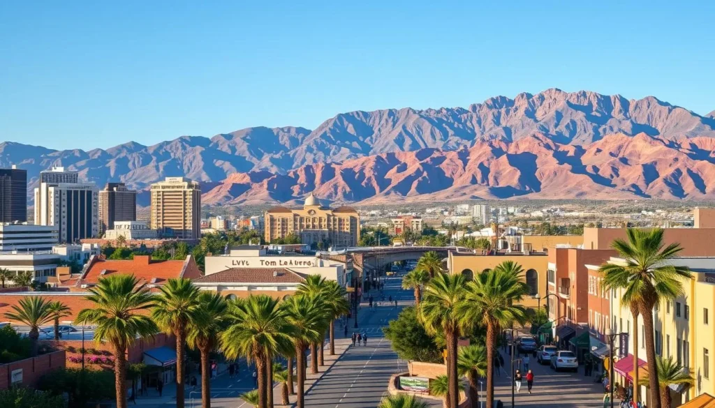 A vibrant cityscape of El Paso, Texas, nestled against the dramatic backdrop of the Franklin Mountains. Towering skyscrapers and historic adobe buildings intermingle, casting long shadows across the bustling streets below. In the foreground, palm trees sway gently in a warm breeze, while pedestrians stroll along the lively sidewalks. The midground features the iconic Tom Lea Trail, winding through the urban landscape and offering breathtaking views. In the distance, the rugged, sun-drenched peaks of the Franklin Mountains rise majestically, creating a stunning natural contrast with the modern city. The scene is illuminated by a clear, golden light, capturing the unique charm and vibrant energy of El Paso.