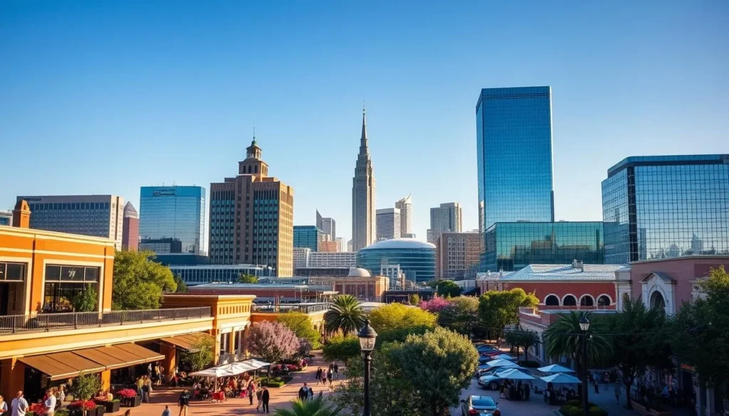 A vibrant cityscape of Fort Worth, Texas, bathed in warm afternoon sunlight. In the foreground, the iconic Sundance Square Plaza bustles with locals and visitors enjoying outdoor cafes and boutiques. Mid-ground features the striking architecture of the Tarrant County Courthouse and surrounding skyscrapers, their glass facades reflecting the clear blue sky. In the distance, the sleek, modern skyline of downtown Fort Worth rises, punctuated by the distinctive spires of the landmark Burnett Plaza. A gentle breeze carries the scent of blooming flowers and the lively atmosphere of this charming, thriving city.
