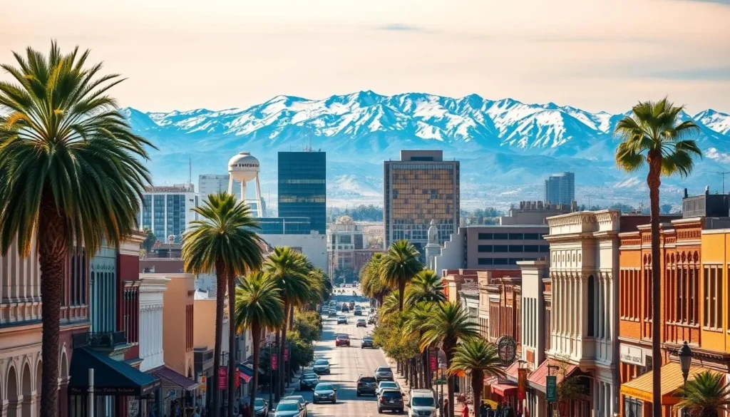 A vibrant cityscape of Fresno, California on a sun-drenched afternoon. In the foreground, bustling city streets lined with charming historic buildings, their facades adorned with intricate architectural details. Towering palm trees sway gently, casting playful shadows on the lively pedestrians and vehicles below. The middle ground features the iconic water tower and the distinctive silhouettes of skyscrapers, their glass facades reflecting the warm, golden light. In the distant background, the majestic Sierra Nevada mountains rise majestically, their snow-capped peaks providing a dramatic contrast to the urban landscape. Capture the essence of Fresno's vibrant character, its blend of modern and historic elements, and the breathtaking natural beauty that surrounds it.