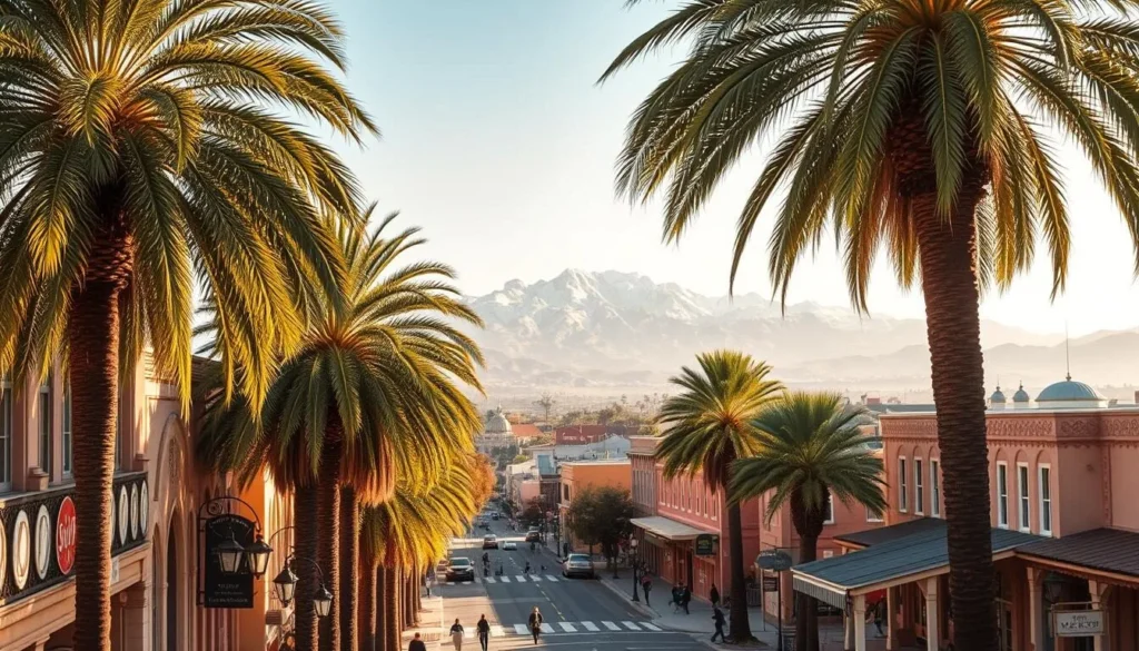 A vibrant cityscape of Fresno, California on a sun-drenched day. In the foreground, lush palm trees sway gently, casting dappled shadows on the bustling streets below. The historic architecture of downtown Fresno, with its Spanish-style adobe buildings and ornate facades, creates a charming and inviting atmosphere. In the middle ground, people stroll along the sidewalks, enjoying the mild, pleasant weather and exploring the local shops and cafes. In the background, the snow-capped peaks of the Sierra Nevada mountains rise majestically, providing a stunning natural backdrop to the urban scene. The lighting is warm and golden, evoking a sense of tranquility and relaxation, making this the perfect time to experience the best of what Fresno has to offer.