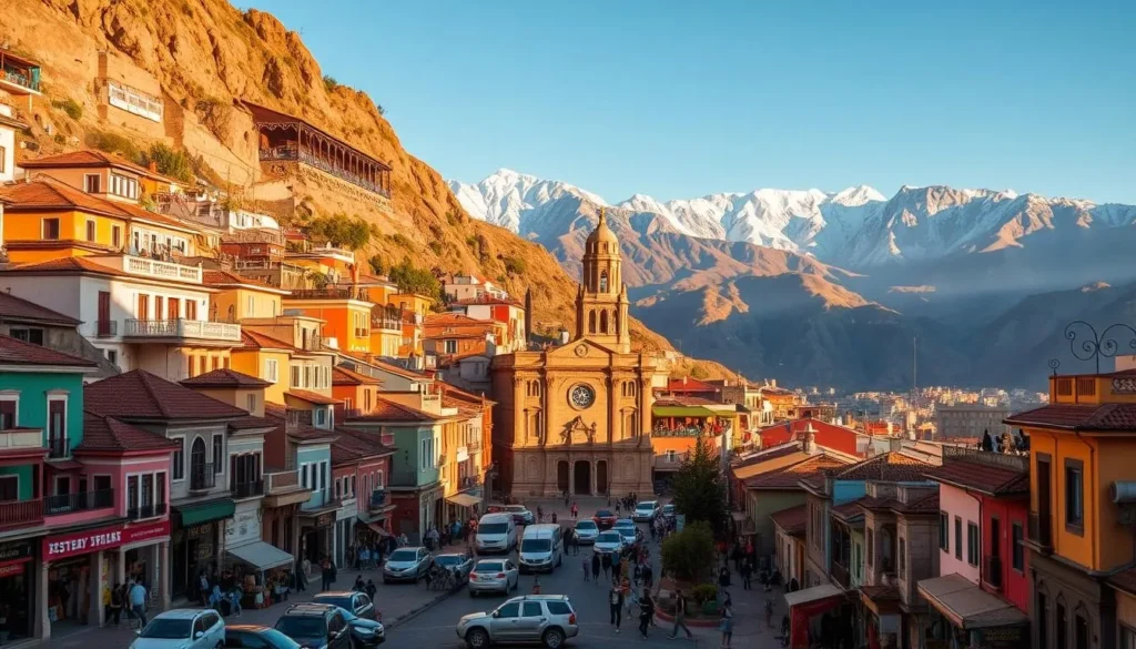 A vibrant cityscape of La Paz, Bolivia, nestled between towering Andean peaks. Colorful row houses climb the steep hillsides, their tiled roofs and ornate facades bathed in warm, golden sunlight. Bustling pedestrians and lively local vendors populate the winding streets, creating a captivating scene of urban life. In the middle ground, a picturesque plaza features a colonial-style church with a towering bell tower. In the background, the majestic Cordillera Real mountain range rises majestically, its snow-capped peaks touching the azure sky. Capture the lively, authentic atmosphere of La Paz's vibrant neighborhoods through a wide-angle lens that showcases the city's unique architecture and breathtaking natural setting.