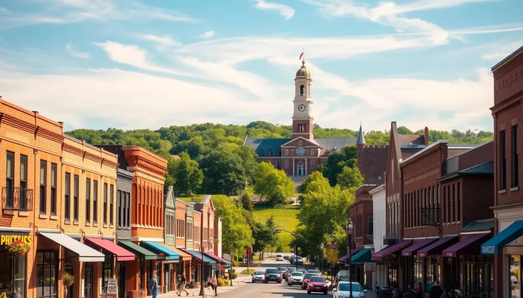 A vibrant cityscape of Lafayette, Indiana, bathed in warm afternoon sunlight. In the foreground, a bustling street lined with charming brick buildings, their facades adorned with local shops and cafes. Pedestrians stroll along the sidewalks, enjoying the lively atmosphere. In the middle ground, the iconic Tippecanoe County Courthouse rises majestically, its grand architecture and clock tower commanding attention. Behind it, the verdant landscapes of Columbian Park come into view, with families picnicking and children playing on the lush green lawns. Wispy clouds drift across a clear, azure sky, completing the picturesque scene that captures the essence of Lafayette's vibrant, Midwestern charm.
