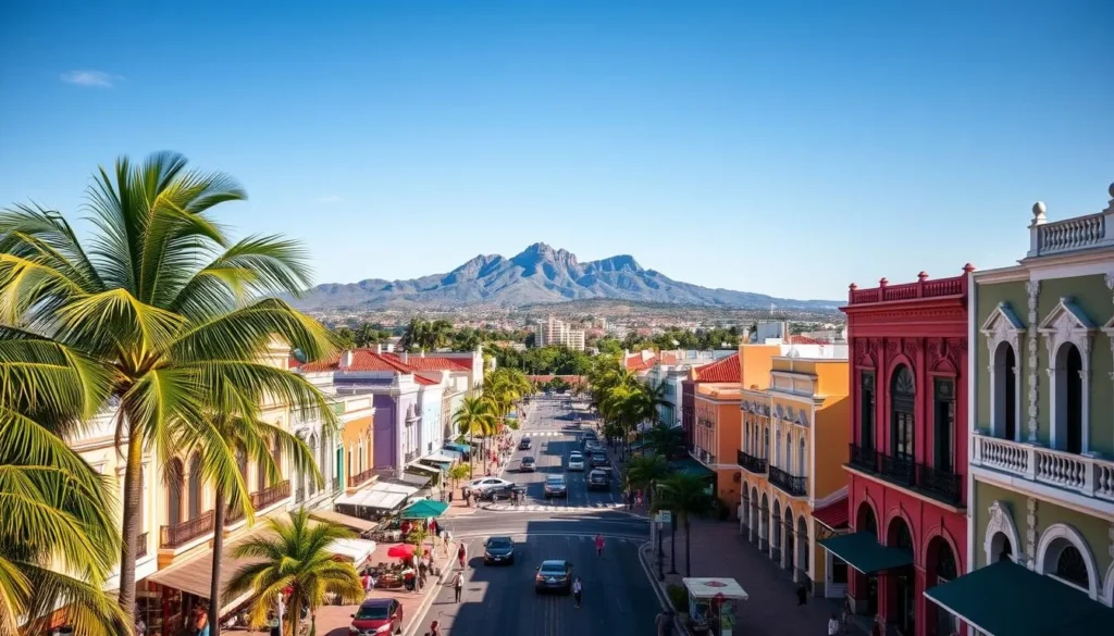 A vibrant cityscape of Mayaguez, Puerto Rico, under a clear blue sky. In the foreground, palm trees sway gently, casting dappled shadows on the sun-drenched streets below. Colorful Spanish colonial-style buildings line the bustling avenues, their facades adorned with intricate architectural details. In the middle ground, a lively town square comes into view, filled with locals and visitors strolling past lively cafes and shops. In the distance, the majestic Cerro de Punta mountain range rises, providing a dramatic backdrop to this picturesque coastal city. The scene exudes a warm, welcoming atmosphere, inviting the viewer to explore the vibrant culture and natural beauty of Mayaguez.