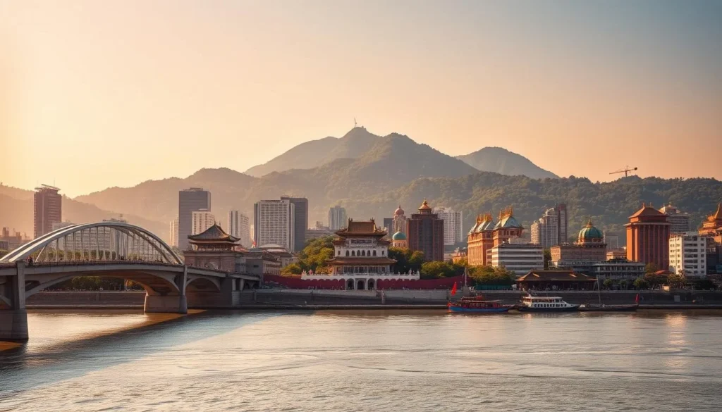 A vibrant cityscape of Nanjing, the "Southern Capital" of China, on a picturesque day. In the foreground, the iconic Nanjing Yangtze River Bridge stands tall, its elegant arches reflecting in the calm waters below. In the middle ground, the historic Presidential Palace and Ming Dynasty city walls rise majestically, surrounded by modern high-rises and bustling streets. The background is dominated by the scenic Purple Mountain, its lush, verdant slopes providing a stunning natural backdrop to the urban landscape. Warm, golden sunlight illuminates the scene, casting a tranquil, inviting atmosphere over the city. Capture the perfect balance of Nanjing's ancient heritage and vibrant, contemporary charm.