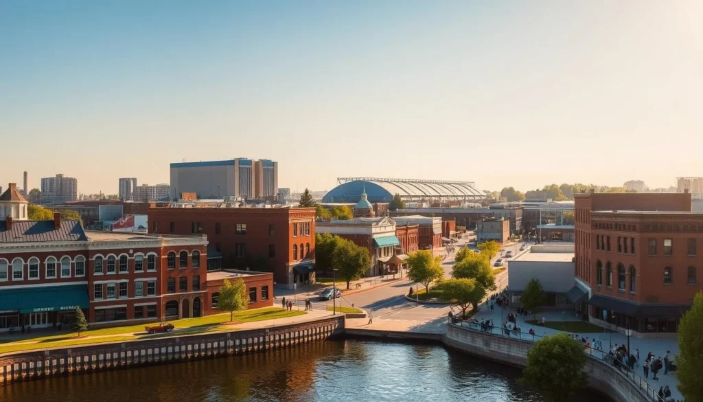 A vibrant cityscape of Oshkosh, Wisconsin, basking in the warm glow of a sunny afternoon. In the foreground, historic brick buildings line the banks of the scenic Fox River, their classic architecture reflecting in the calm waters. In the middle ground, a bustling downtown area comes alive with pedestrians strolling along the lively streets, punctuated by the iconic Oshkosh Grand Opera House. The background is dominated by the striking silhouettes of the Experimental Aircraft Association's hangars, a nod to the city's aviation heritage. The scene is bathed in a soft, diffused light, creating a welcoming and vibrant atmosphere that captures the essence of Oshkosh, the "Event City" of Wisconsin.