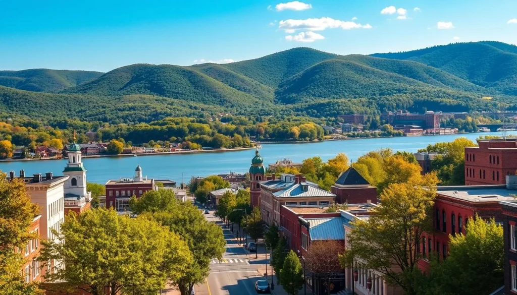 A vibrant cityscape of Parkersburg, West Virginia, on a sunny day. In the foreground, tree-lined streets and quaint buildings with a mix of traditional and modern architecture. The middle ground features the iconic Ohio River, its calm waters reflecting the sky. In the background, the rolling hills and lush greenery that surround the city, creating a picturesque landscape. Warm, golden sunlight filters through, casting a welcoming glow over the scene. A wide-angle lens captures the panoramic view, showcasing the city's charming character and natural beauty, perfect for visitors seeking a practical and visually appealing travel experience.