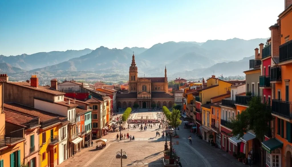 A vibrant cityscape of Perpignan, France, nestled between the Mediterranean Sea and the Pyrenees mountains. In the foreground, charming cobblestone streets are lined with colorful, historic buildings featuring a mix of French and Catalan architectural styles. The middle ground showcases the iconic Perpignan Cathedral, its spires reaching skyward, surrounded by a bustling plaza filled with locals and visitors alike. In the background, the rugged silhouette of the Pyrenees mountains provides a dramatic backdrop, bathed in warm, golden sunlight that casts a gentle glow over the entire scene. The overall atmosphere evokes a sense of timeless, Mediterranean splendor, inviting the viewer to explore and discover the unique character of this French-Catalan gem.