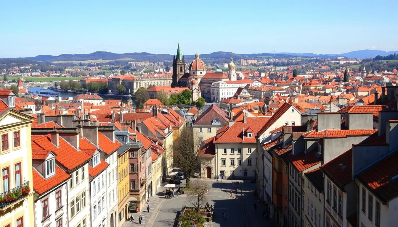A vibrant cityscape of Prague, the enchanting capital of Czechia, on a picturesque sunny day. In the foreground, cobblestone streets wind through a historic district, flanked by charming Baroque and Renaissance-era buildings with red-tiled roofs. In the middle ground, the iconic spires of Prague Castle and the grand dome of St. Vitus Cathedral rise majestically, while the Vltava River flows calmly below. The background is framed by rolling hills and a clear, azure sky, creating a breathtaking panoramic view. Capture the essence of Prague's timeless beauty and the tranquil atmosphere of this cultural gem through a high-resolution, realistic rendering with a wide-angle lens.