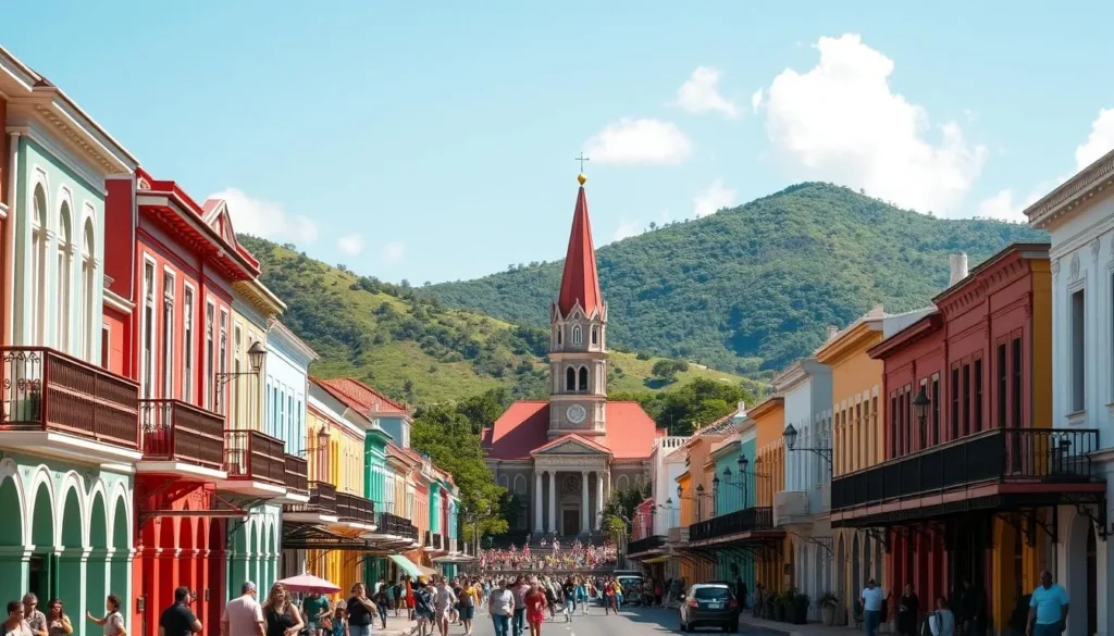 A vibrant cityscape of Roseau, the capital of Dominica, bathed in warm sunlight. In the foreground, bustling streets lined with colorful colonial-style buildings, their facades adorned with intricate architectural details. Residents and visitors stroll along the sidewalks, creating a lively atmosphere. In the middle ground, the iconic red-roofed cathedral stands tall, its spire reaching towards the clear, azure sky. Lush, verdant hills rise in the background, providing a picturesque natural backdrop to the vibrant urban scene. The image conveys a sense of energy, charm, and the harmonious blending of Roseau's built and natural environments.
