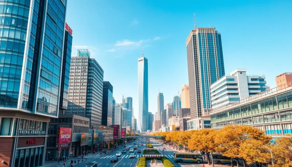 A vibrant cityscape of Shenzhen, China, captured on a pleasant day. In the foreground, modern high-rise buildings with sleek glass facades and angular designs stand tall, reflecting the city's dynamic and forward-thinking spirit. The middle ground features a bustling street scene, with people going about their daily lives, cars and public transportation weaving through the urban landscape. In the background, the iconic skyscrapers of the central business district rise up, their towering silhouettes framed by a clear, blue sky. The scene is bathed in warm, natural lighting, creating a sense of warmth and vibrancy. The overall atmosphere conveys the energy, progress, and livability that make Shenzhen a remarkable destination.
