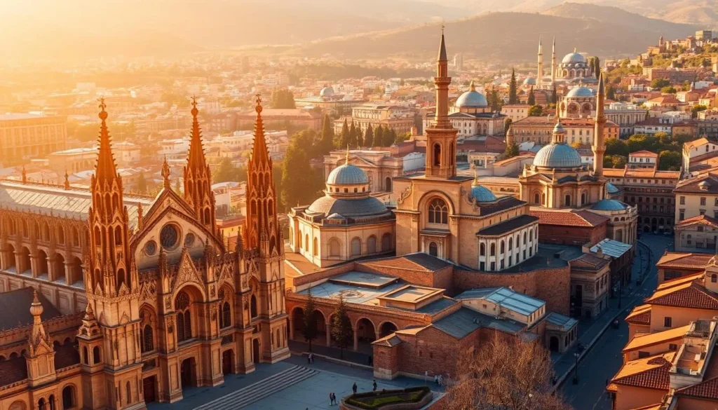 A vibrant cityscape of Toledo, Spain, bathed in warm, golden sunlight. In the foreground, the grand, ornate facade of the Cathedral of Toledo, its intricate Gothic architecture and towering spires commanding attention. To the side, the historic Synagogue of Santa María la Blanca, its Mudéjar-style columns and decorative arches reflecting the city's rich multicultural heritage. In the middle ground, the iconic Mosque of Cristo de la Luz, its distinctive horseshoe arches and minaret standing as a testament to Toledo's Islamic past. In the background, the winding cobblestone streets and terracotta-roofed buildings of the old town, creating a picturesque and harmonious scene that captures the essence of Toledo's renowned religious sites.