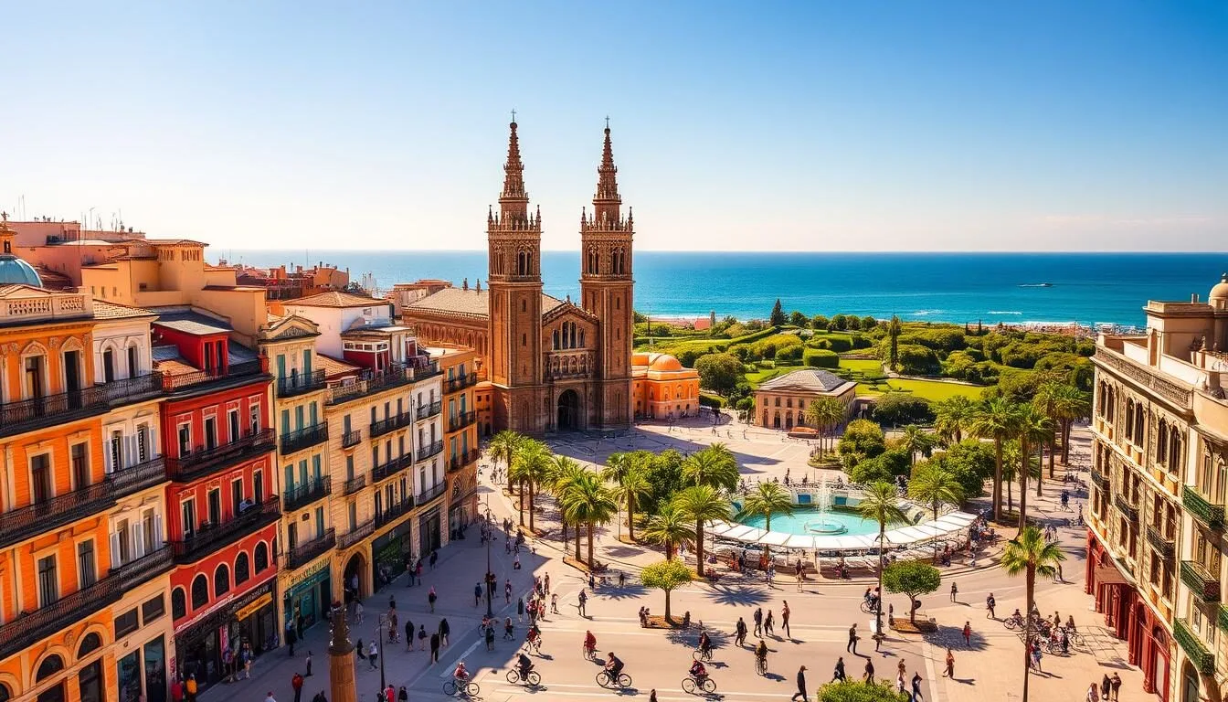 A vibrant cityscape of Valencia, Spain, on a sunny afternoon. In the foreground, colorful buildings line the bustling streets, their facades adorned with intricate architectural details. Pedestrians and cyclists weave through the lively scene, creating a sense of energy and movement. In the middle ground, the iconic Torres de Serrano rise majestically, their Gothic towers casting long shadows across the plaza. In the background, the azure waters of the Mediterranean Sea glisten, framed by the lush greenery of the Turia Gardens. The image is bathed in warm, golden light, capturing the inviting and charming atmosphere of this historic Spanish city.