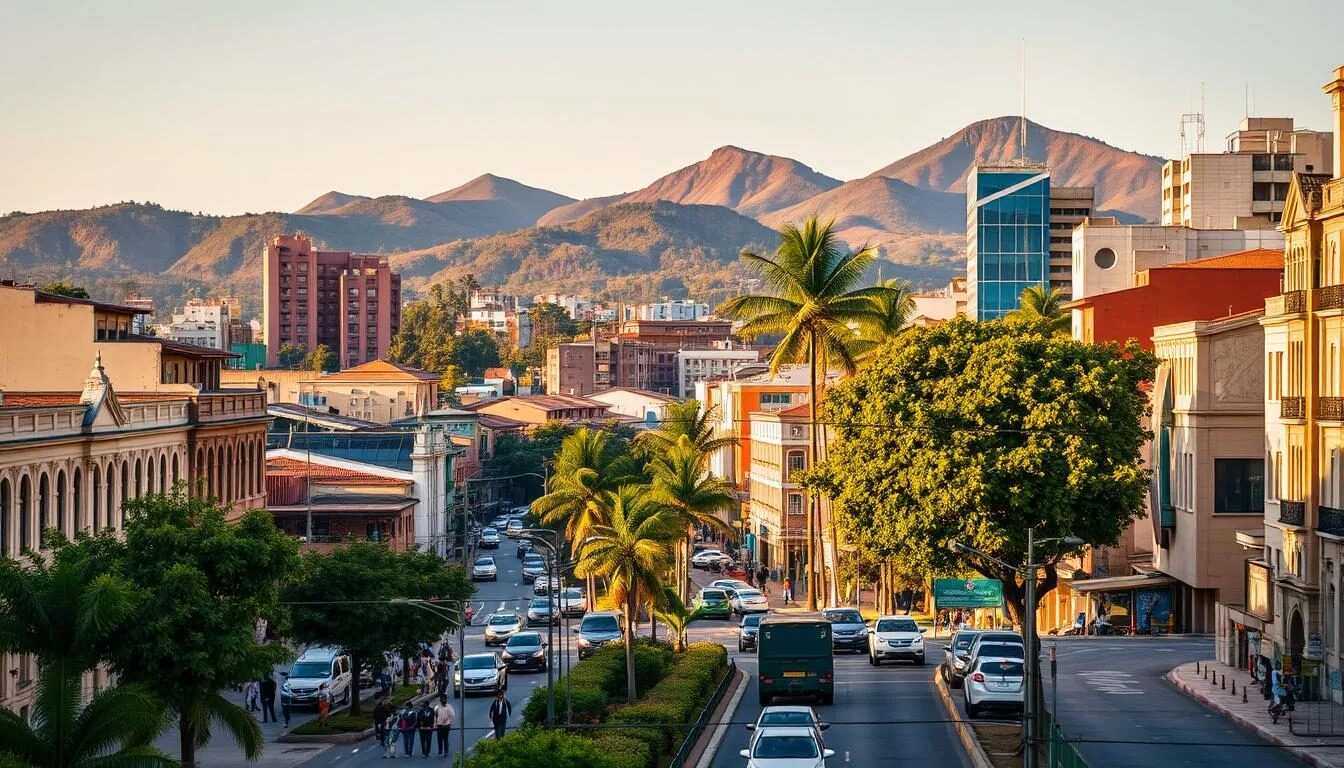 A vibrant cityscape of Yaoundé, the capital city of Cameroon, nestled among the rolling hills. Capture the bustling streets lined with a mix of colonial-era buildings and modern high-rises, their facades bathed in warm, golden sunlight. In the foreground, pedestrians and vehicles weave through the lively traffic, while in the middle ground, lush greenery and towering palm trees add a touch of natural beauty to the urban landscape. The background features the distinct silhouettes of the seven hills that give Yaoundé its nickname, creating a picturesque and photogenic scene. Shoot this scene with a wide-angle lens to showcase the city's grandeur and scale, conveying a sense of energy, vibrancy, and the unique character of this African metropolis.