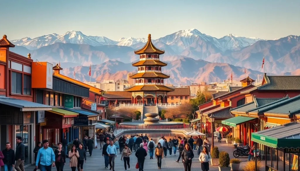 A vibrant cityscape of Yinchuan, the capital of Ningxia, China, bathed in warm afternoon sunlight. In the foreground, a bustling street scene with locals and tourists strolling along, past colorful storefronts and traditional architecture. In the middle ground, the iconic Xixia Pagoda rises majestically, its elegant curves and intricate details reflected in a tranquil pond. The background is dominated by the rugged Helan Mountains, their snow-capped peaks creating a dramatic backdrop. The scene conveys the rich cultural heritage, natural beauty, and lively atmosphere of this captivating travel destination.