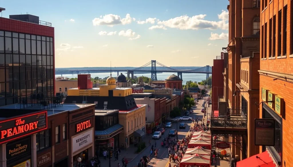 A vibrant cityscape of downtown Memphis, Tennessee on a sunny day. In the foreground, iconic landmarks like the Beale Street Entertainment District come alive, bustling with local musicians, street performers, and lively crowds. The middle ground features the iconic Peabody Hotel and its famous marching ducks, surrounded by art deco architecture and neon-lit storefronts. In the background, the mighty Mississippi River flows serenely, with the iconic Hernando de Soto Bridge spanning its waters, creating a breathtaking panorama. The scene is bathed in warm, golden light, capturing the soulful, authentic spirit of this historic Southern city.