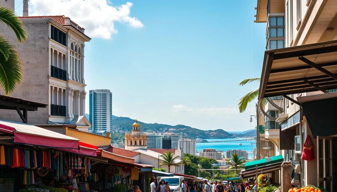 A vibrant cityscape on a sunny day in Cebu City, the cultural heart of the Philippines. In the foreground, bustling street markets showcase a colorful array of local crafts, textiles, and fresh produce. In the middle ground, historic colonial-era architecture stands alongside modern high-rises, reflecting the city's blend of old and new. The background features rolling green hills and the sparkling azure waters of the Mactan Channel, framed by a cloudless sky. Warm, natural lighting bathes the scene, creating a welcoming, lively atmosphere that captures the essence of Cebu's rich cultural heritage.