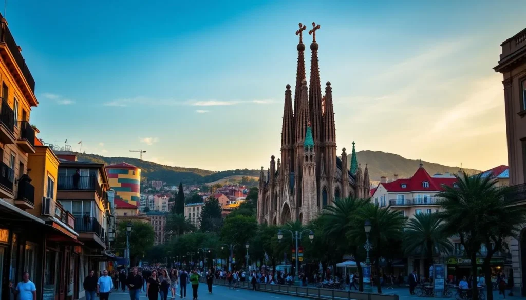A vibrant cityscape showcasing Barcelona's iconic architecture under a warm, golden hour sky. In the foreground, pedestrians stroll along a bustling street lined with charming cafes and boutiques. The middle ground features the stunning, intricate facade of the Sagrada Familia, its towering spires reaching towards the heavens. In the background, the rolling hills of Montjuïc rise up, providing a picturesque backdrop. Capture the essence of Barcelona's unique blend of modernity and timeless beauty, conveying a sense of wonder and discovery.