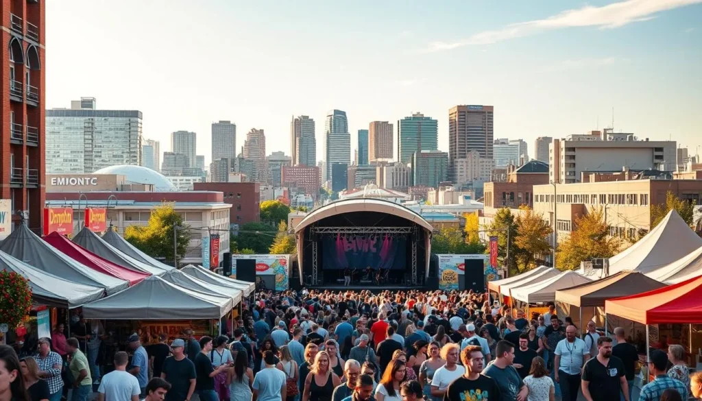 A vibrant cityscape showcasing Edmonton's diverse festivals, bathed in warm afternoon sunlight. In the foreground, a lively street market bustles with colorful stalls, local artisans, and eager attendees. The middle ground features a grand stage, where musicians and performers captivate the crowd. In the background, the city's iconic skyscrapers and historic buildings create a picturesque skyline. The scene exudes a sense of community, cultural celebration, and Edmonton's charming, welcoming atmosphere.