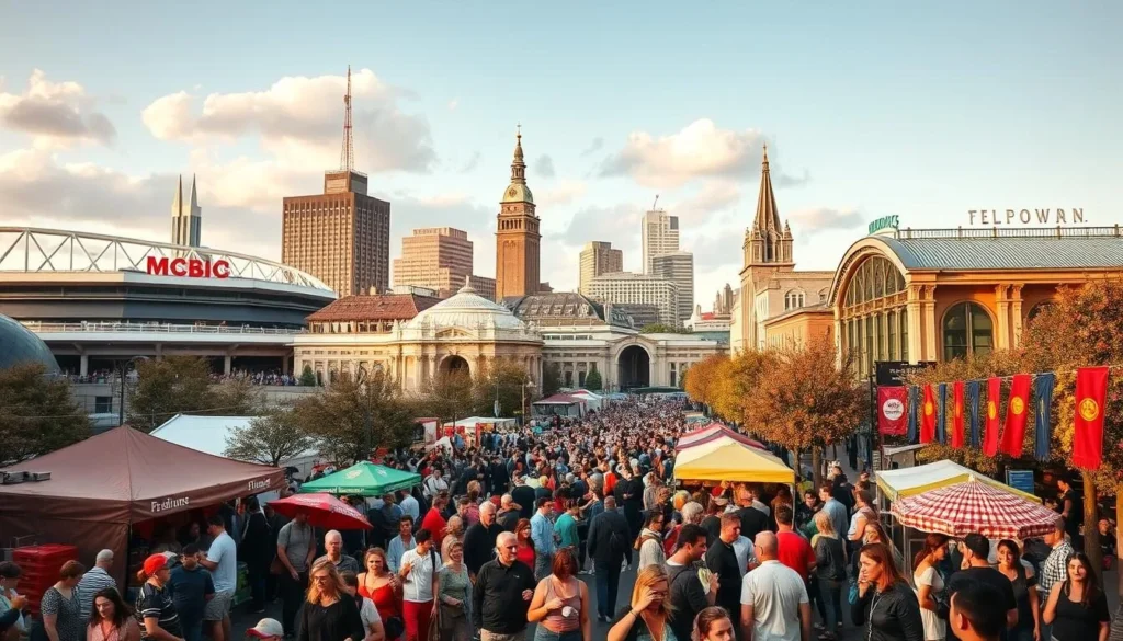 A vibrant cityscape showcasing Melbourne's vibrant seasonal events and festivals. In the foreground, a lively street scene with costumed performers, food stalls, and crowds of people enjoying the lively atmosphere. In the middle ground, iconic landmarks like the MCG, Federation Square, and the Flinders Street Station stand tall, bathed in warm afternoon sunlight. The background features a clear sky with fluffy clouds, hinting at the mild and pleasant weather that makes Melbourne's events so enjoyable. The overall mood is one of excitement, celebration, and a sense of community as the city comes alive with its diverse cultural offerings.