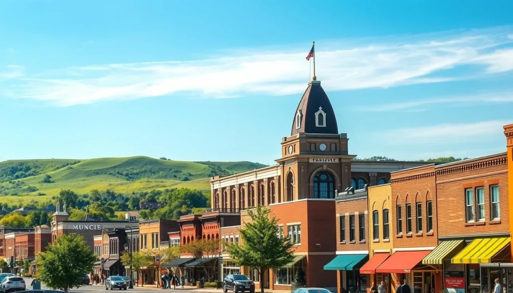 A vibrant cityscape showcasing the charm of Muncie, Indiana on a sun-dappled afternoon. In the foreground, a bustling downtown streetscape with historic brick buildings, charming storefronts, and lively pedestrians strolling along the sidewalks. In the middle ground, the iconic Muncie Fieldhouse rises majestically, its classic architecture a testament to the city's proud heritage. In the background, verdant hills and a clear blue sky create a picturesque natural backdrop, complementing the urban landscape. The scene is bathed in warm, golden light, evoking a sense of small-town warmth and community. Crisp, high-resolution details capture the vibrant energy and timeless appeal of this Midwestern gem.
