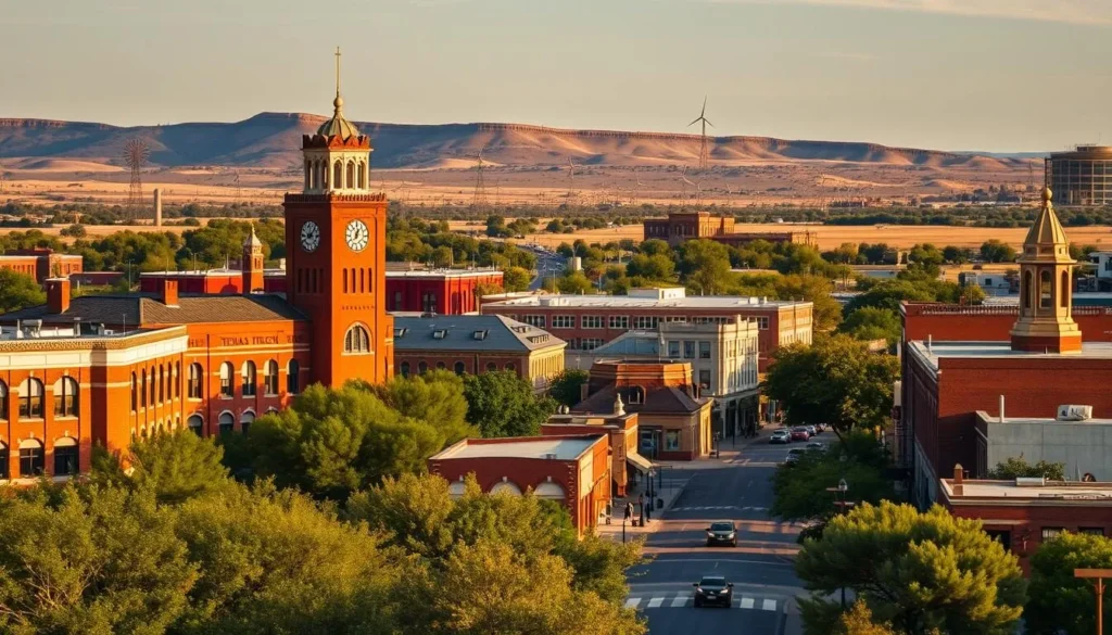 A vibrant cityscape showcasing the distinctive architecture and landmarks of Lubbock, Texas. In the foreground, the iconic Texas Tech University's red-brick buildings and iconic clock tower stand proud, surrounded by lush greenery. The midground features the bustling downtown area, with its charming shops, cafes, and historic buildings bathed in warm, golden sunlight. In the distance, the rugged West Texas landscape, dotted with windmills and rolling hills, creates a picturesque backdrop. The scene conveys a sense of energy, history, and the unique character of this West Texas gem. Capture this scene with a wide-angle lens, showcasing the city's vibrant atmosphere and inviting atmosphere.