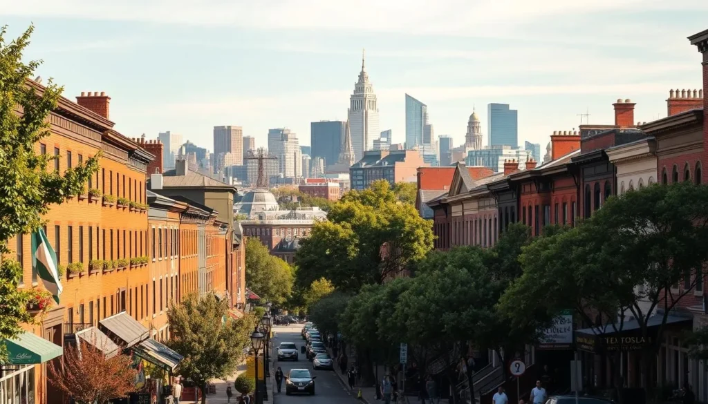 A vibrant cityscape showcasing the diverse neighborhoods of Boston, Massachusetts. In the foreground, quaint brick row houses and charming brownstones line tree-lined streets, their facades adorned with colorful window boxes and intricate architectural details. The middle ground features bustling sidewalks, with pedestrians strolling by local shops, cafes, and historic landmarks. In the background, the iconic skyline of downtown Boston rises, a striking contrast of modern skyscrapers and the steeples of historic churches. The scene is bathed in warm, golden sunlight, casting soft shadows and creating a welcoming, lively atmosphere. Capture the unique character and rich cultural heritage of this beloved New England city.