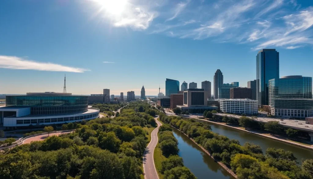A vibrant cityscape showcasing the iconic landmarks of Irving, Texas, under a clear, sun-dappled sky. In the foreground, the majestic Irving Convention Center, its modern architecture gleaming in the warm light. In the middle ground, the tranquil Campion Trail meanders alongside serene waterways, flanked by lush greenery. In the background, the towering, glass-façaded buildings of the Las Colinas Urban Center rise, reflecting the azure sky. Capture the essence of this hidden gem in the Lone Star State, where urban sophistication and natural beauty coexist in perfect harmony.