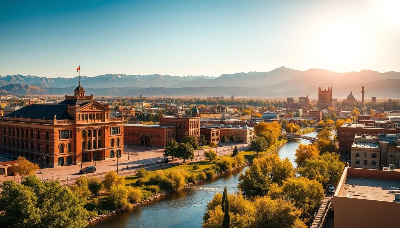 A vibrant cityscape showcasing the iconic landmarks of Pueblo, Colorado under a warm, golden afternoon sun. In the foreground, the striking Pueblo Union Depot, a grand Romanesque-style train station, stands majestically. The middle ground features the serene Arkansas River winding through the city, flanked by lush greenery and historic buildings. In the background, the majestic Sangre de Cristo Mountains rise, their snow-capped peaks creating a stunning natural backdrop. Capture the perfect balance of urban charm and breathtaking natural beauty that embodies the essence of Pueblo, Colorado.