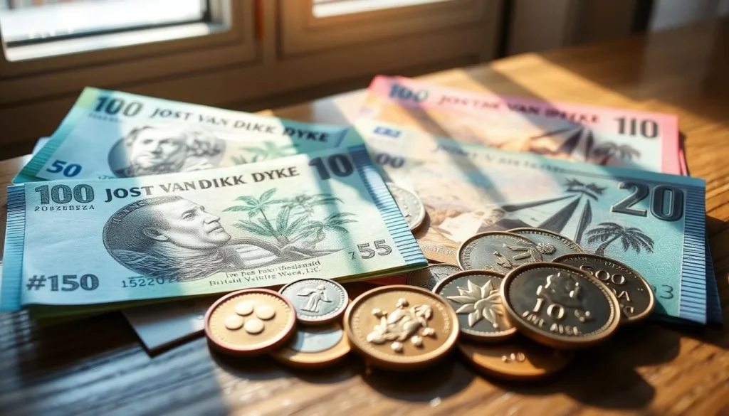 A vibrant close-up shot of various banknotes and coins representing the currency of Jost Van Dyke, a scenic island in the British Virgin Islands. The bills and coins are neatly arranged on a wooden surface, showcasing their intricate designs and unique island motifs. Sunlight filters through a window, casting a warm, natural glow on the currency, conveying a sense of tropical charm and island life. The image captures the practical details travelers need to know about the local currency when visiting this picturesque Caribbean destination.