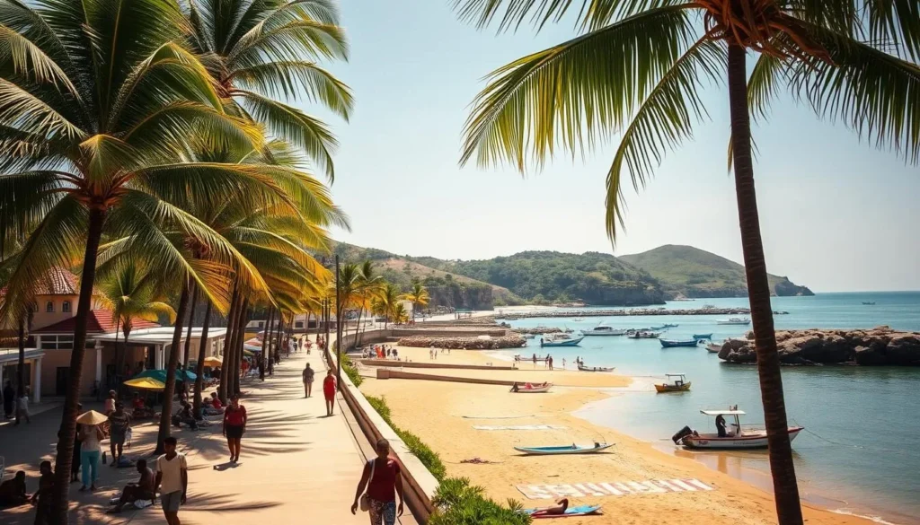 A vibrant coastal town in Mozambique, with azure waters lapping against a pristine golden sand beach. Swaying palm trees line the shore, casting gentle shadows over beach-goers relaxing in the warm, tropical sun. In the foreground, locals and tourists alike stroll along the promenade, enjoying the laid-back atmosphere and lively energy of the seaside community. The middle ground features colorful fishing boats bobbing in the calm harbor, while in the distance, rugged cliffs and lush, verdant hills rise up to meet the clear, cloudless sky. The scene is bathed in a soft, golden light, creating a serene and inviting ambiance that captures the essence of Mozambique's vibrant beach towns.