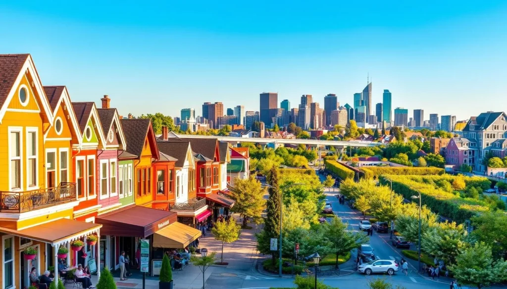 A vibrant collage of Edmonton's diverse neighborhoods, showcasing their unique character and charm. In the foreground, colorful row houses, quaint cafes, and bustling local shops line the streets, bathed in warm, golden sunlight. The middle ground reveals verdant parks and tree-lined boulevards, where families and friends gather to enjoy the pleasant weather. In the background, the city's sleek, modern skyscrapers and historic landmarks create a visually striking skyline, set against a clear, azure sky. The scene conveys a sense of urban energy and community, inviting the viewer to explore the vibrant tapestry of this dynamic Canadian city.