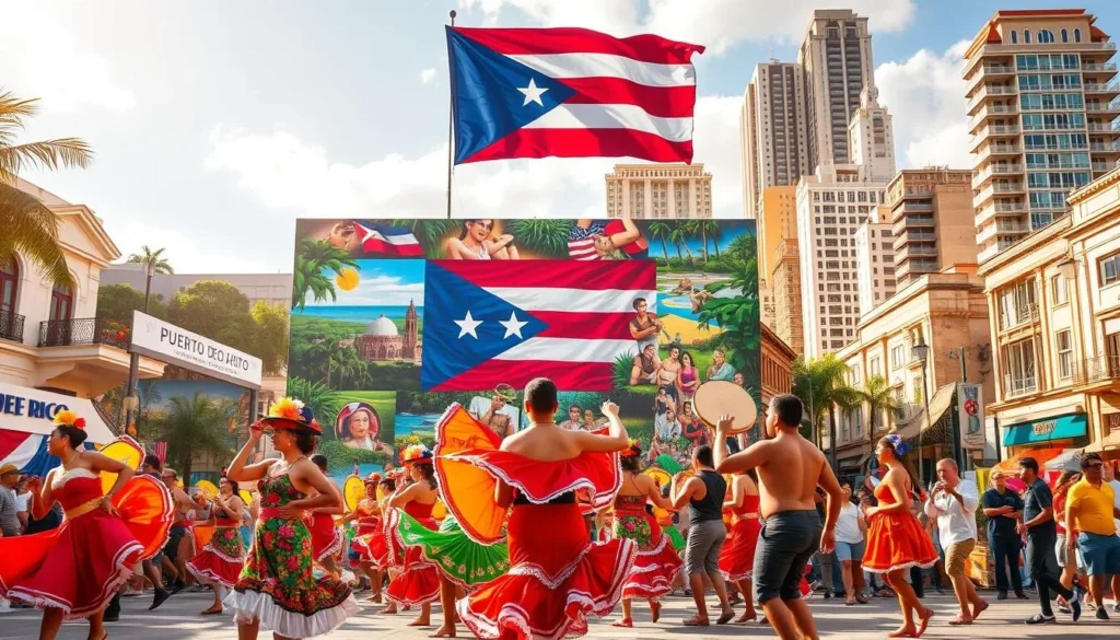 A vibrant collage showcasing the rich cultural heritage of Puerto Rico, known as "La Isla del Encanto." In the foreground, a group of dancers perform traditional bomba or plena music, their colorful costumes swirling with energy. In the middle ground, a large mural depicts iconic Puerto Rican imagery, from the lush tropical landscape to the iconic Puerto Rican flag. In the background, a bustling street scene reveals the island's architectural diversity, from historic Spanish colonial buildings to modern high-rises. The scene is bathed in warm, golden sunlight, conveying the welcoming and festive atmosphere of this U.S. territory.