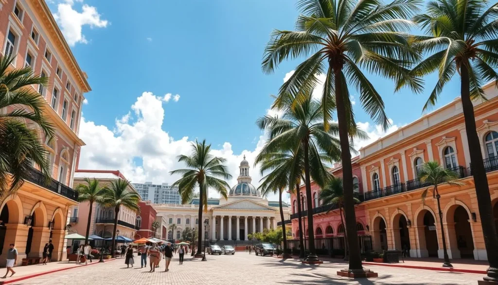 A vibrant colonial cityscape, Historic Bridgetown in Barbados stands proudly on a sunny day. Majestic Georgian buildings line the bustling streets, their pastel facades and grand arched windows reflecting the island's British heritage. Shadowy palm trees sway gently, their fronds casting dappled patterns on the cobblestoned plaza below. In the distance, the iconic Parliament Buildings and the stately Barbados Museum stand as testaments to the town's rich history. Warm sunlight bathes the scene, imbuing it with a sense of timeless elegance and charm. Pedestrians stroll leisurely, immersed in the lively atmosphere of this well-preserved historic district.
