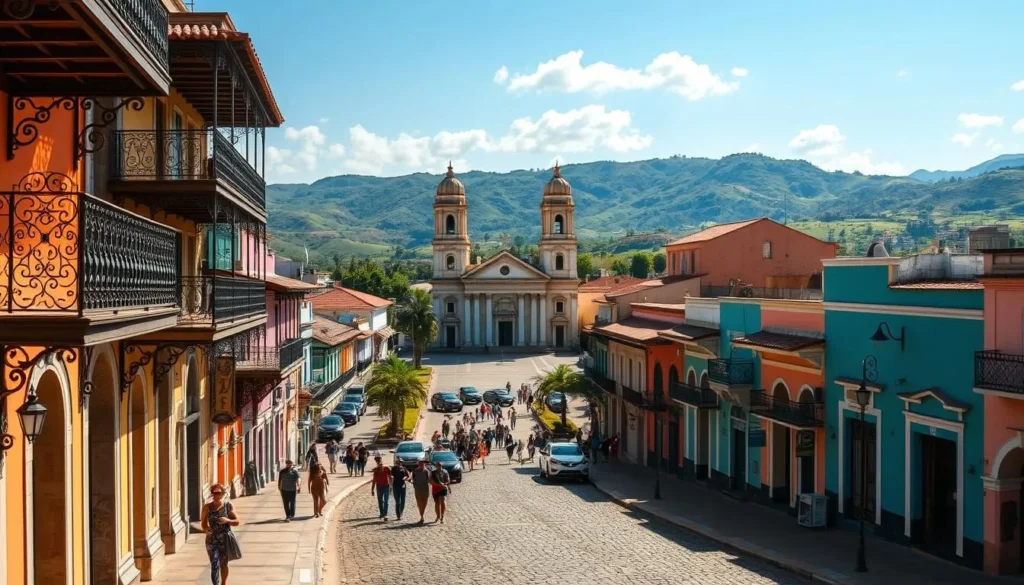 A vibrant colonial town center in Trinidad, Cuba, bathed in warm sunlight. In the foreground, cobblestone streets and colorful facades of historic buildings, their ornate balconies and intricate architectural details standing out. In the middle ground, a central plaza with a grand cathedral, its towers and domes rising majestically. Pedestrians stroll through the shaded walkways, capturing the lively atmosphere. The background reveals the rolling hills and lush vegetation that surround this picturesque town, creating a harmonious blend of colonial charm and natural beauty. Captured with a wide-angle lens to showcase the full grandeur of Trinidad's historic town center.