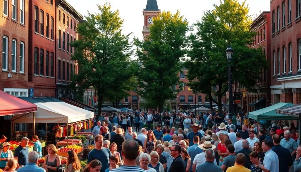 A vibrant crowd gathers in Dubuque's lively town square, surrounded by historic brick buildings. In the foreground, vendors sell local produce and handcrafted wares at a bustling farmers' market. The mid-ground features a stage where musicians perform, their lively tunes filling the air. In the background, a grand clock tower and a row of towering trees set the scene, casting a warm, golden glow over the entire event. The atmosphere is one of community, celebration, and the unique charm of this Iowan city.