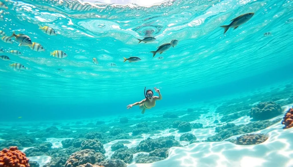 A vibrant, crystal-clear turquoise sea with a sandy, shallow seafloor, surrounded by a lush, verdant tropical landscape. A snorkeler gracefully glides through the tranquil waters, observing a diverse array of colorful marine life, from schools of tropical fish to swaying coral formations. Brilliant sunlight filters through the surface, creating dappled patterns and casting a warm, natural glow. The scene exudes a sense of peaceful exploration and immersion in the captivating underwater world of Turks and Caicos.