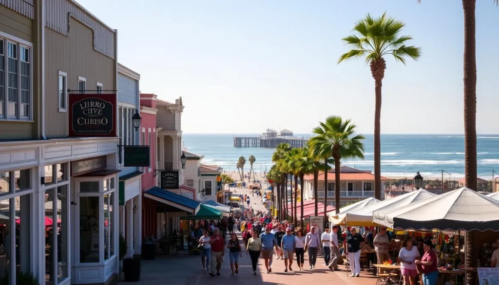 A vibrant downtown scene in Pismo Beach, California on a sunny afternoon. In the foreground, quaint shops and boutiques line the streets, their colorful facades and inviting window displays drawing pedestrians to explore. Middle-ground features a lively promenade bustling with people strolling, dining at outdoor cafes, and browsing local artisan stalls. In the background, the iconic Pismo Pier stretches out over the glistening Pacific Ocean, framed by swaying palm trees. Warm, golden lighting filters through the scene, creating a welcoming, relaxed atmosphere that captures the charm and character of this beloved coastal town.