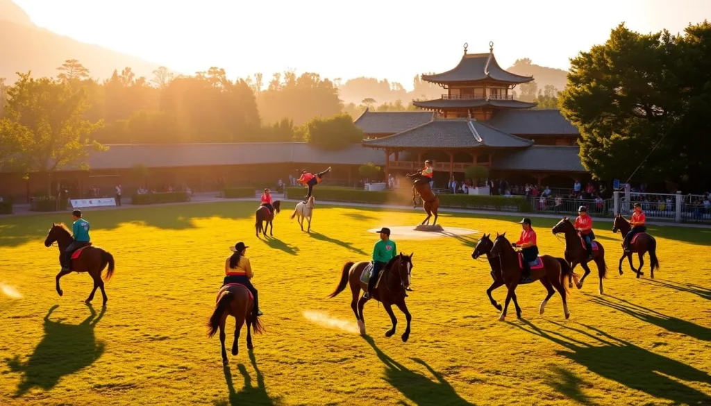 A vibrant equestrian performance at the Imperial Horse Garden in Xilinhot, China. Majestic horses and skilled riders gracefully execute intricate maneuvers under the warm afternoon sun, casting long shadows across the lush, verdant grounds. In the foreground, a group of riders in traditional garments guide their steeds through a series of elegant dressage moves, their movements fluid and synchronized. In the middle ground, other performers demonstrate acrobatic stunts, leaping and twirling atop their powerful mounts. The background features the stately, pagoda-style buildings of the Imperial Horse Garden, their roofs gleaming in the golden light. An atmosphere of cultural heritage, natural beauty, and equestrian artistry pervades the scene.