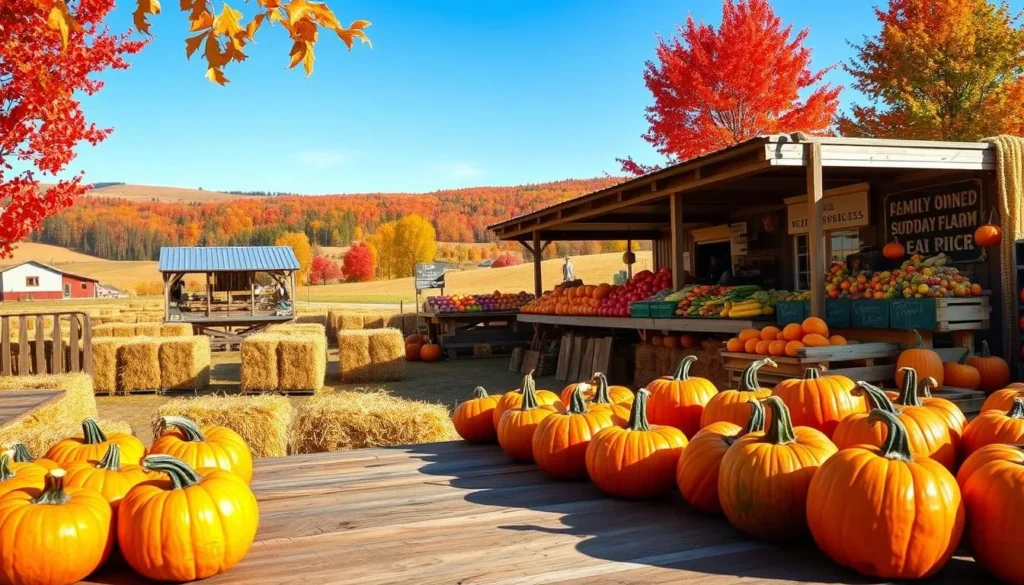 A vibrant fall harvest scene in Skagit Valley, Washington. In the foreground, rows of colorful pumpkins and gourds sit on a rustic wooden table, their warm hues glowing under the soft, natural light. In the middle ground, a family-owned farm stand displays an abundant array of freshly picked apples, squash, and other seasonal produce. Tall, golden hay bales frame the scene, and in the background, rolling hills dotted with vibrant red, orange, and yellow trees stretch out under a clear, azure sky. The atmosphere exudes a sense of cozy, autumnal abundance and local, community-driven celebration of the harvest.